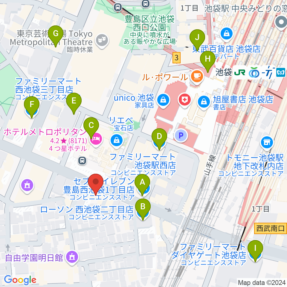 池袋Hoteyes周辺のコンビニエンスストア一覧地図