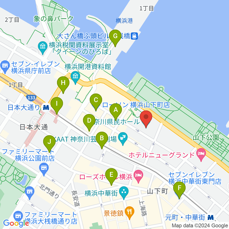 神奈川県民ホール周辺のコンビニエンスストア一覧地図
