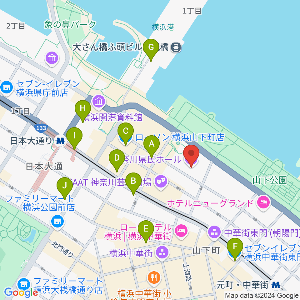 神奈川県民ホール周辺のコンビニエンスストア一覧地図