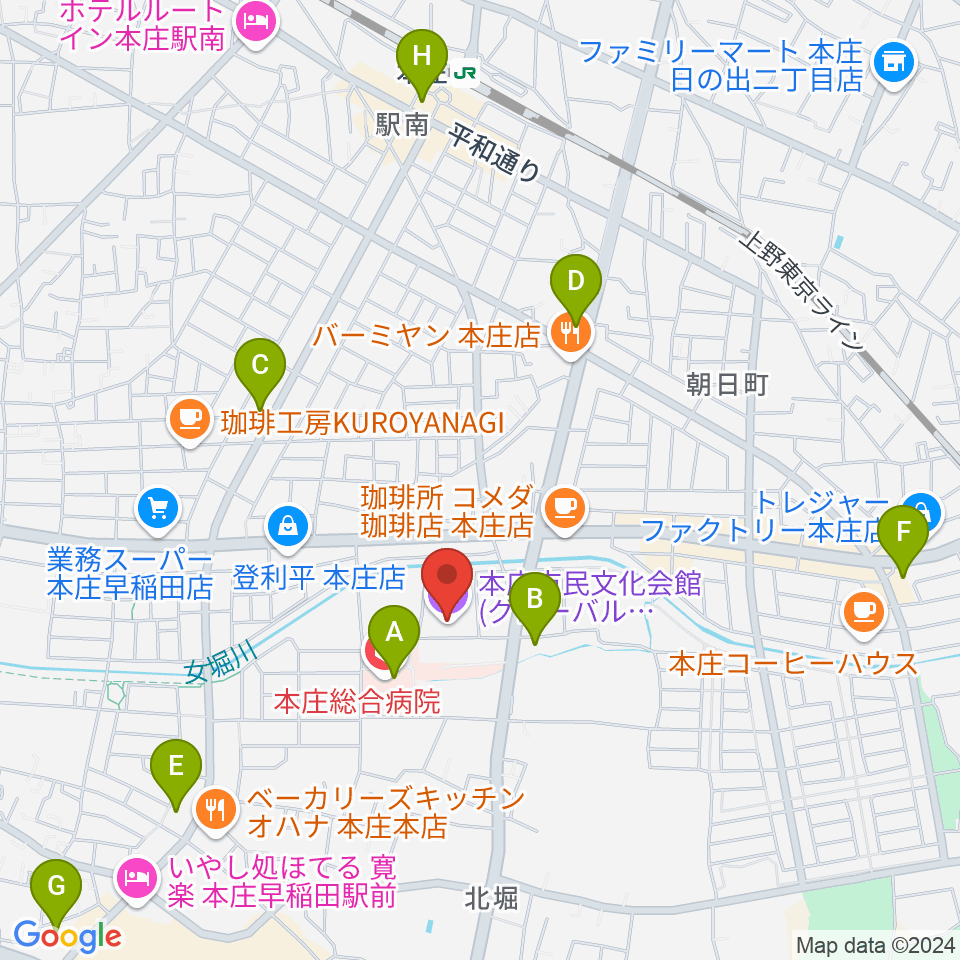 本庄市民文化会館周辺のコンビニエンスストア一覧地図