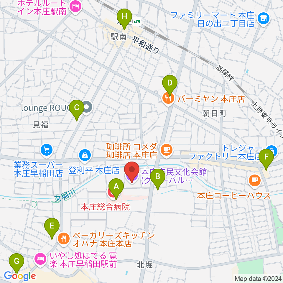 本庄市民文化会館周辺のコンビニエンスストア一覧地図