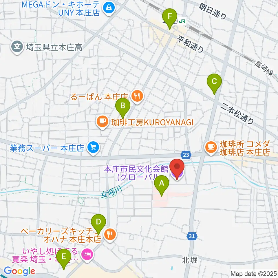 本庄市民文化会館周辺のコンビニエンスストア一覧地図
