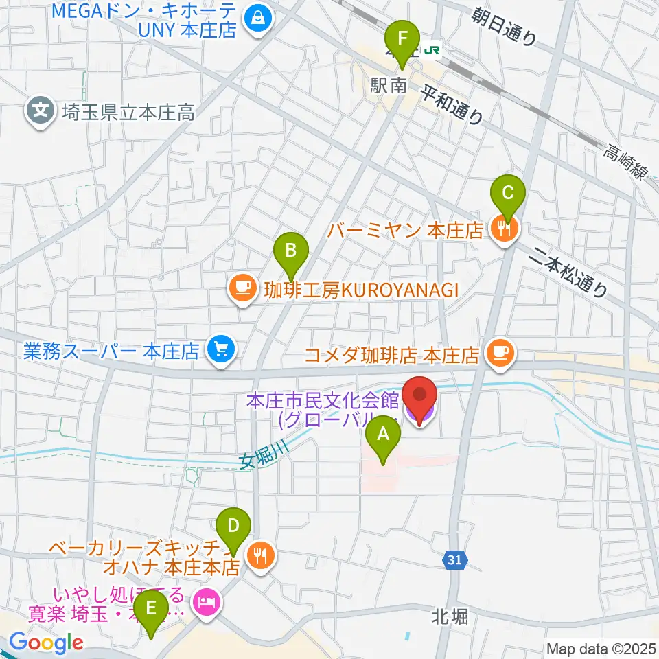 本庄市民文化会館周辺のコンビニエンスストア一覧地図