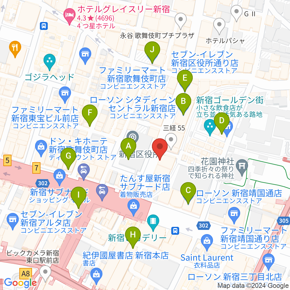 新宿Zirco Tokyo周辺のコンビニエンスストア一覧地図