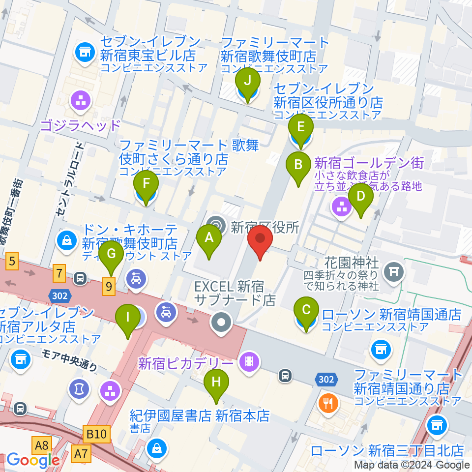 新宿Zirco Tokyo周辺のコンビニエンスストア一覧地図