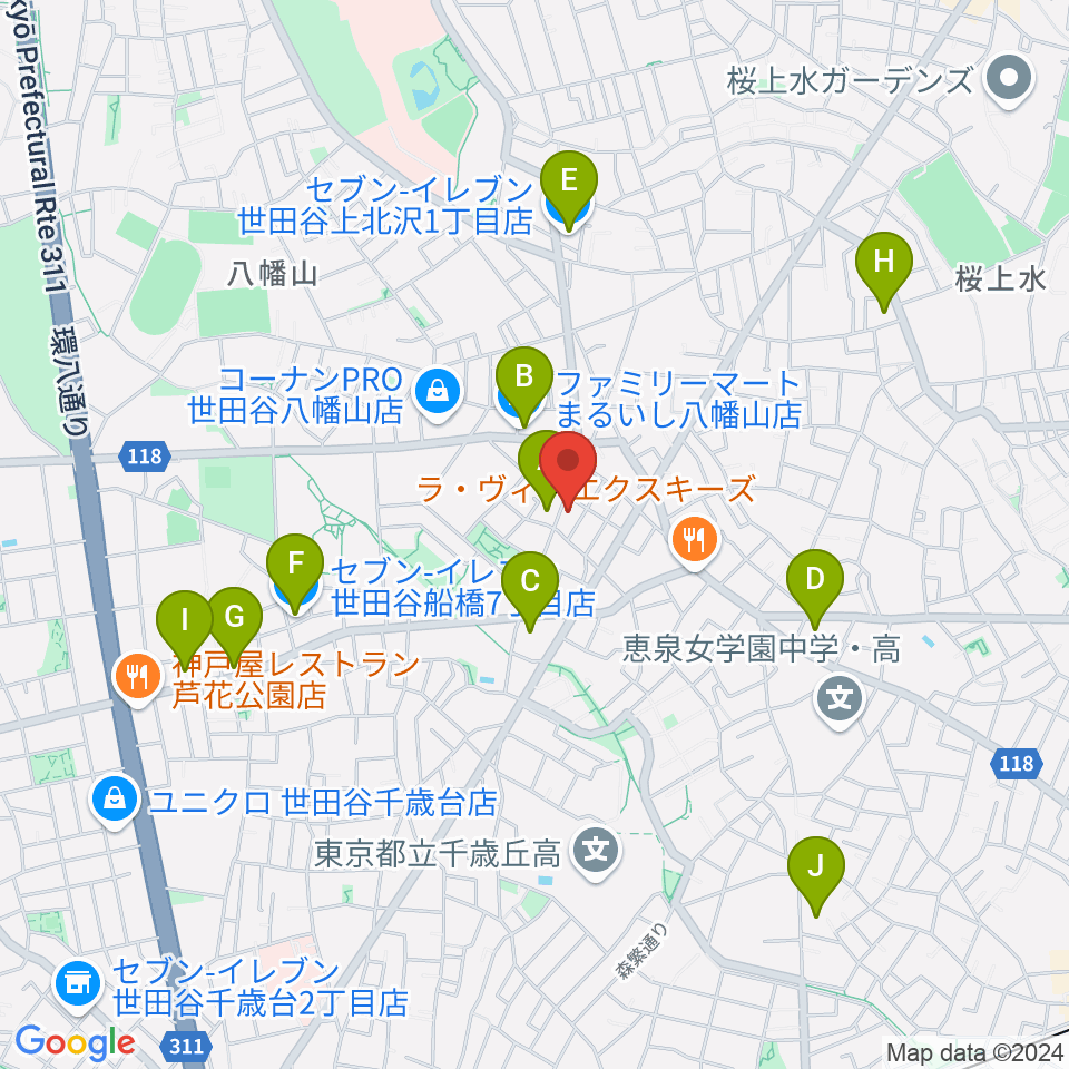 経堂ゴキゲンヤガレージ周辺のコンビニエンスストア一覧地図