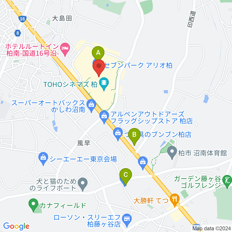 タワーレコードセブンパーク アリオ柏店周辺のコンビニエンスストア一覧地図