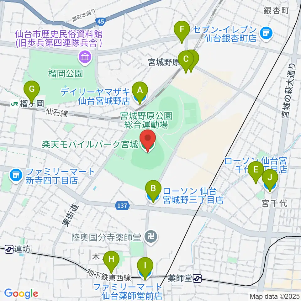 楽天モバイルパーク宮城周辺のコンビニエンスストア一覧地図