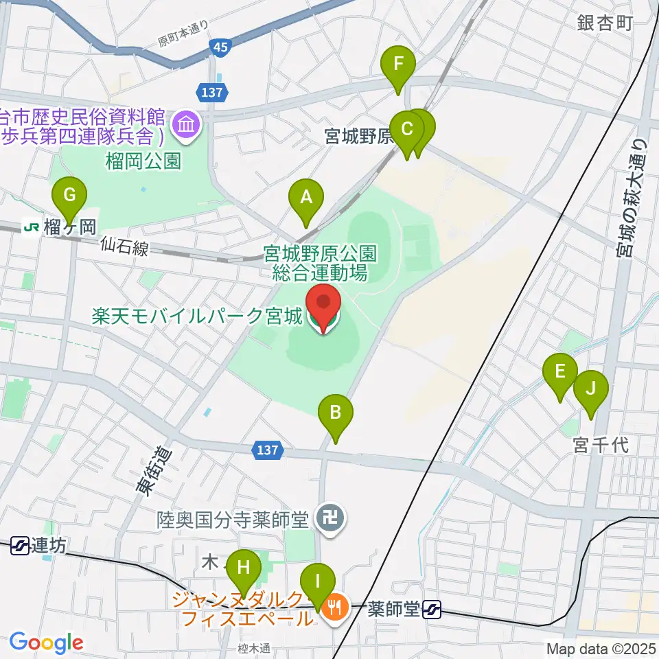 楽天モバイルパーク宮城周辺のコンビニエンスストア一覧地図