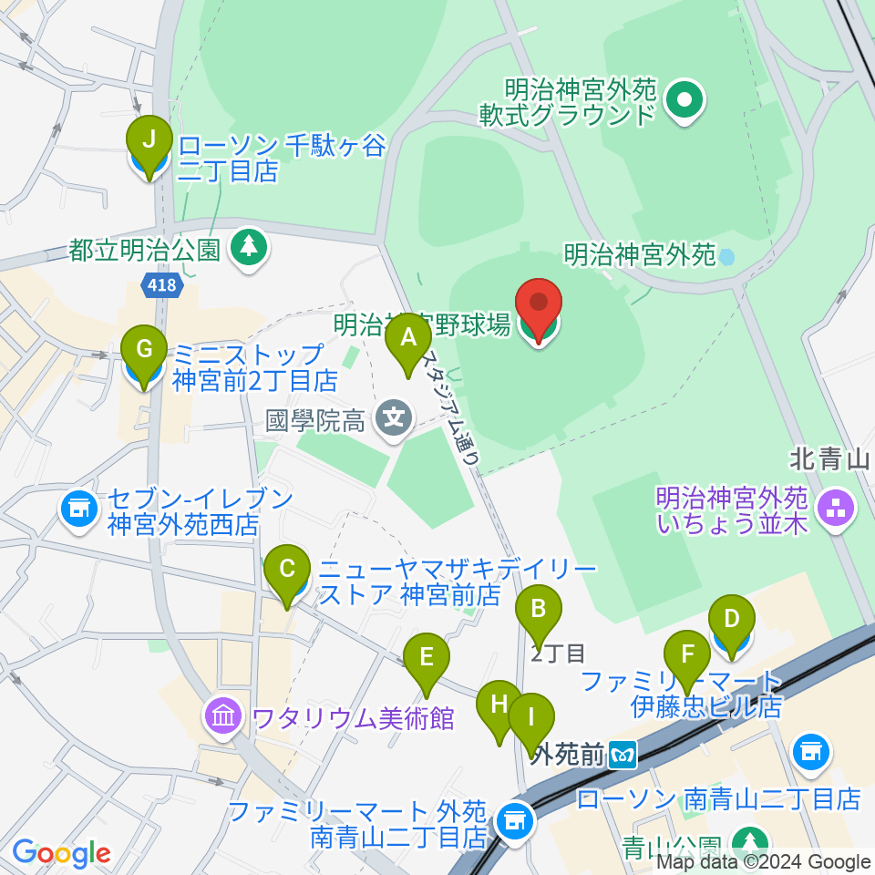 明治神宮野球場周辺のコンビニエンスストア一覧地図
