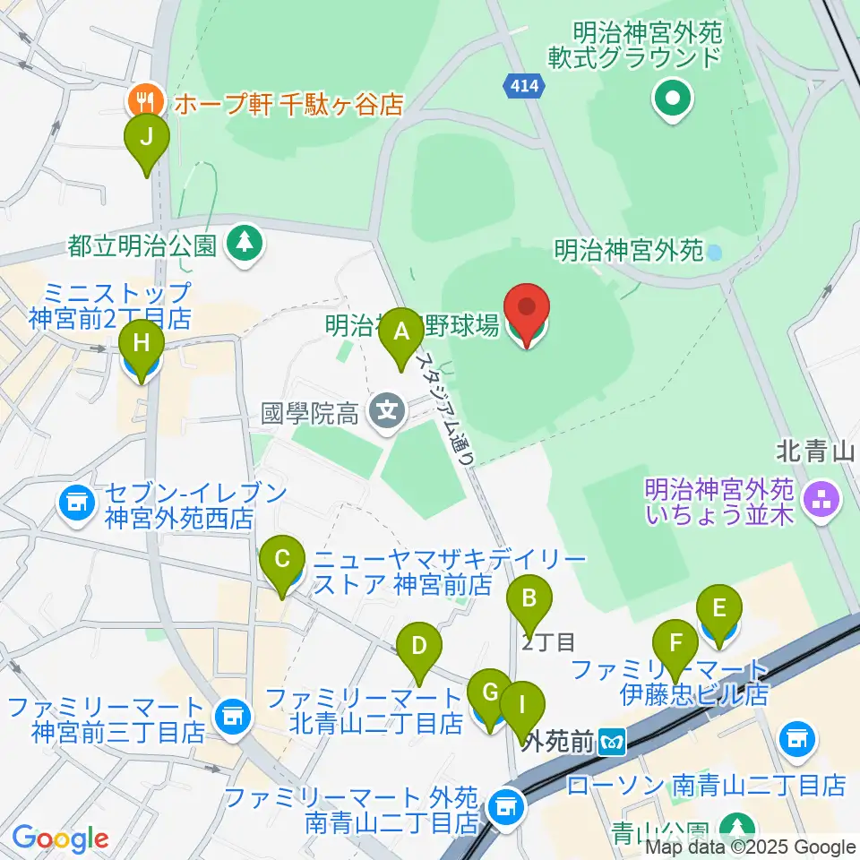 明治神宮野球場周辺のコンビニエンスストア一覧地図