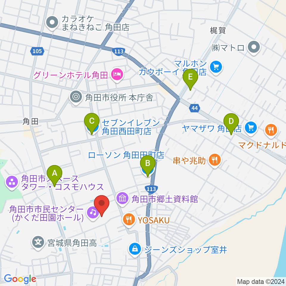 かくだ田園ホール（角田市市民センター）周辺のコンビニエンスストア一覧地図