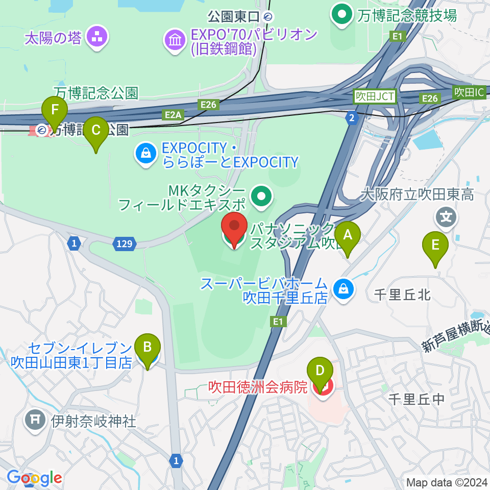 パナソニックスタジアム吹田周辺のコンビニエンスストア一覧地図