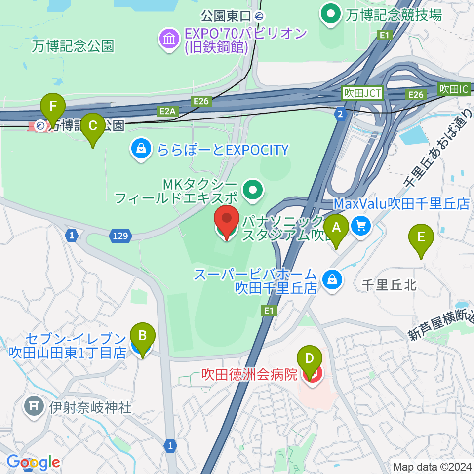 パナソニックスタジアム吹田周辺のコンビニエンスストア一覧地図