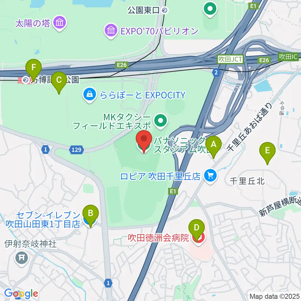 パナソニックスタジアム吹田周辺のコンビニエンスストア一覧地図