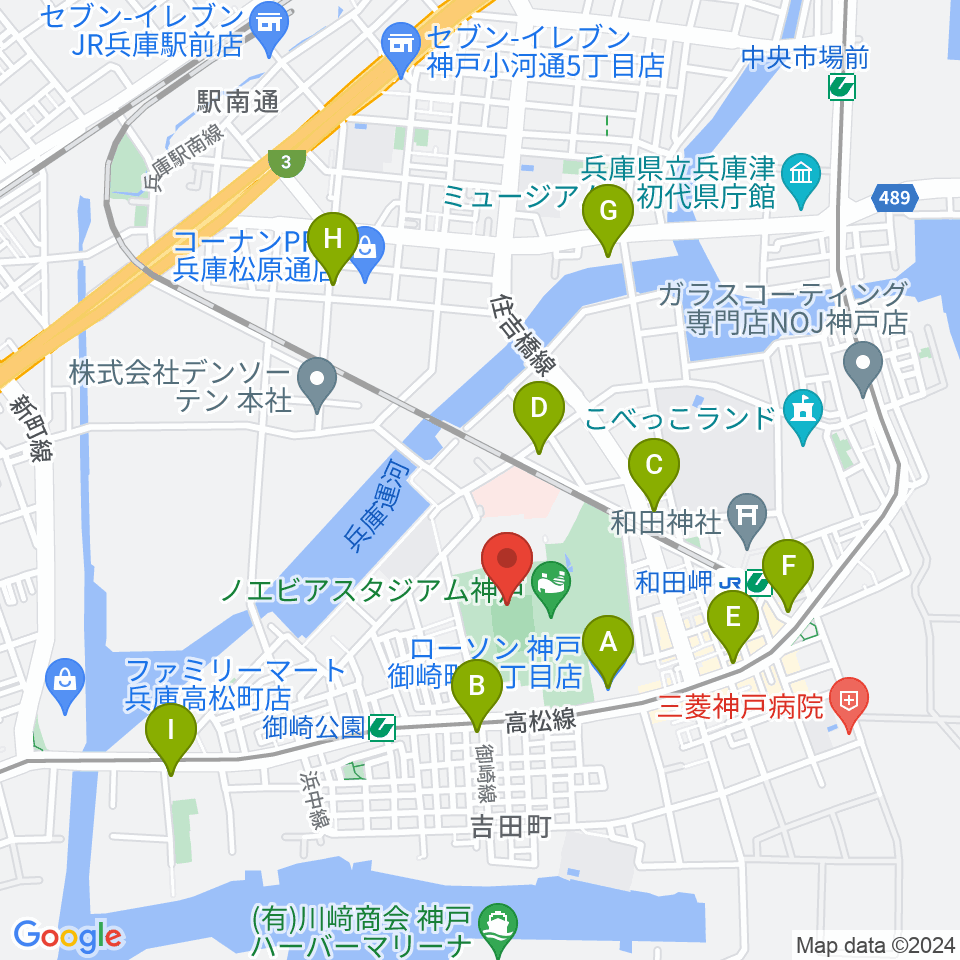 ノエビアスタジアム神戸周辺のコンビニエンスストア一覧地図