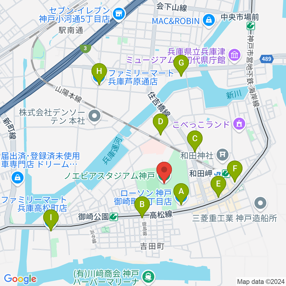 ノエビアスタジアム神戸周辺のコンビニエンスストア一覧地図