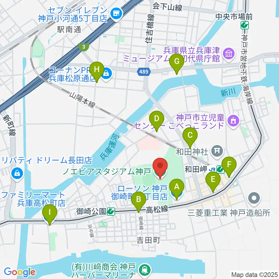 ノエビアスタジアム神戸周辺のコンビニエンスストア一覧地図
