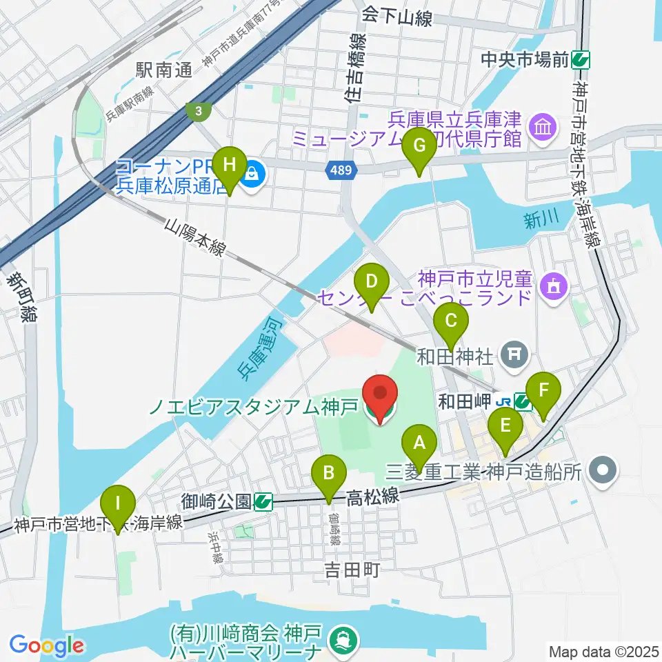 ノエビアスタジアム神戸周辺のコンビニエンスストア一覧地図