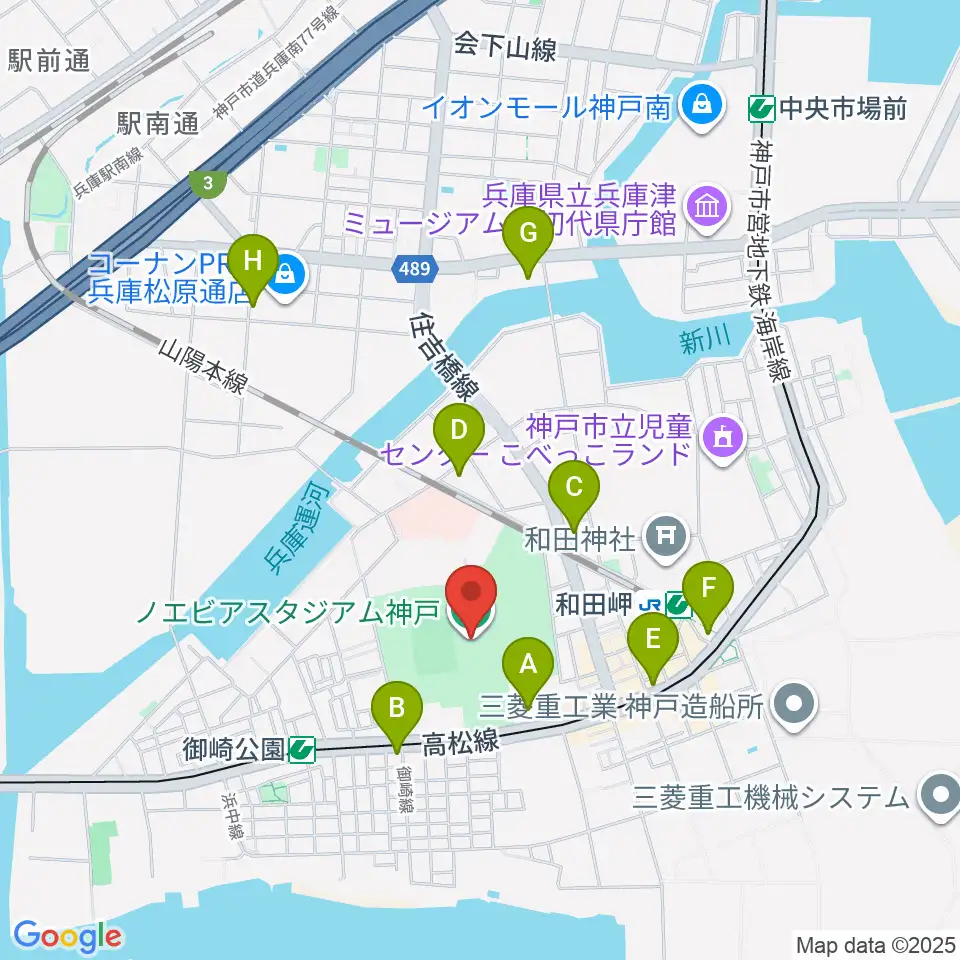 ノエビアスタジアム神戸周辺のコンビニエンスストア一覧地図