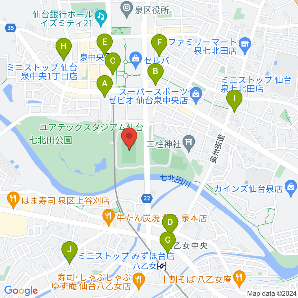 ユアテックスタジアム仙台周辺のコンビニエンスストア一覧地図