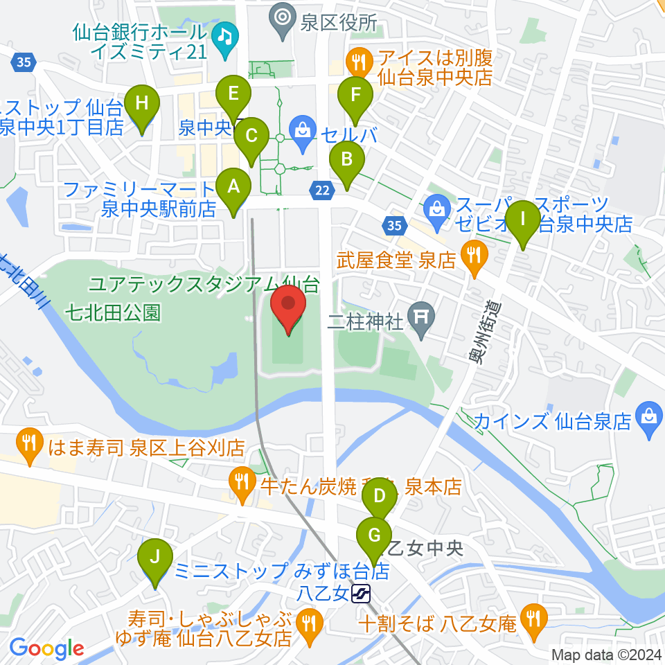 ユアテックスタジアム仙台周辺のコンビニエンスストア一覧地図