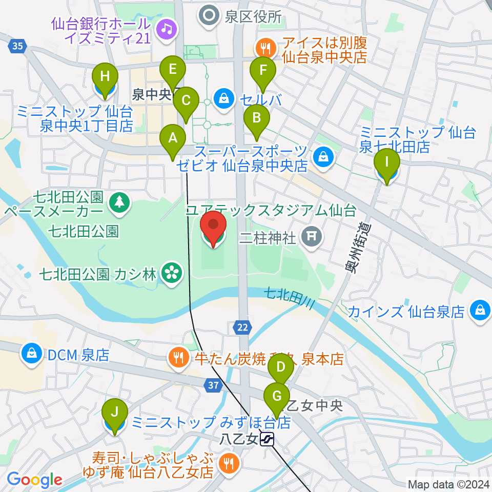 ユアテックスタジアム仙台周辺のコンビニエンスストア一覧地図