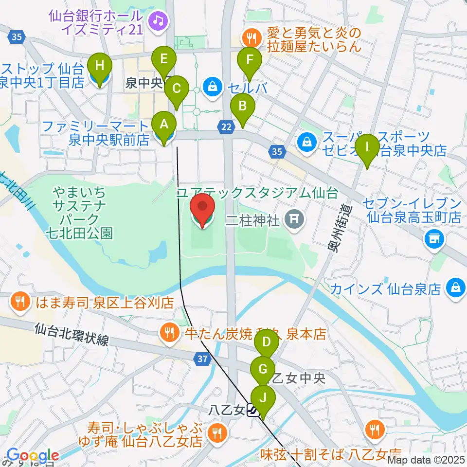 ユアテックスタジアム仙台周辺のコンビニエンスストア一覧地図