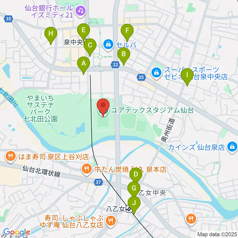 ユアテックスタジアム仙台周辺のコンビニエンスストア一覧地図