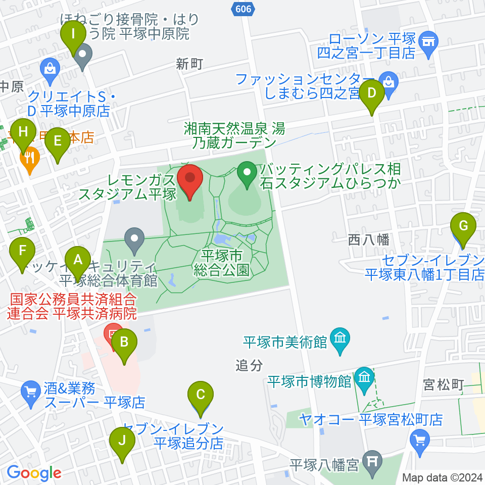 レモンガススタジアム平塚周辺のコンビニエンスストア一覧地図