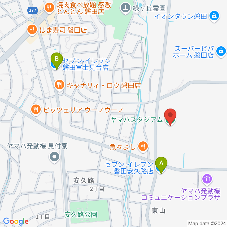 ヤマハスタジアム周辺のコンビニエンスストア一覧地図