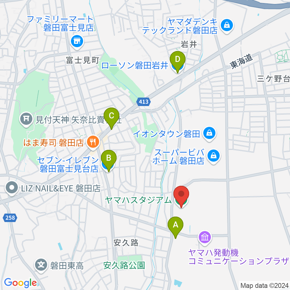 ヤマハスタジアム周辺のコンビニエンスストア一覧地図