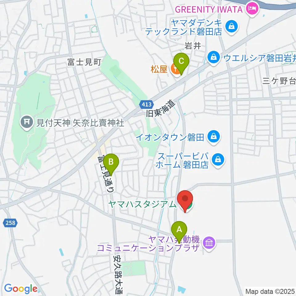 ヤマハスタジアム周辺のコンビニエンスストア一覧地図