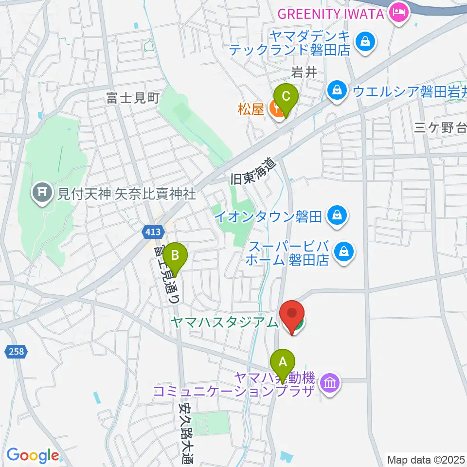 ヤマハスタジアム周辺のコンビニエンスストア一覧地図