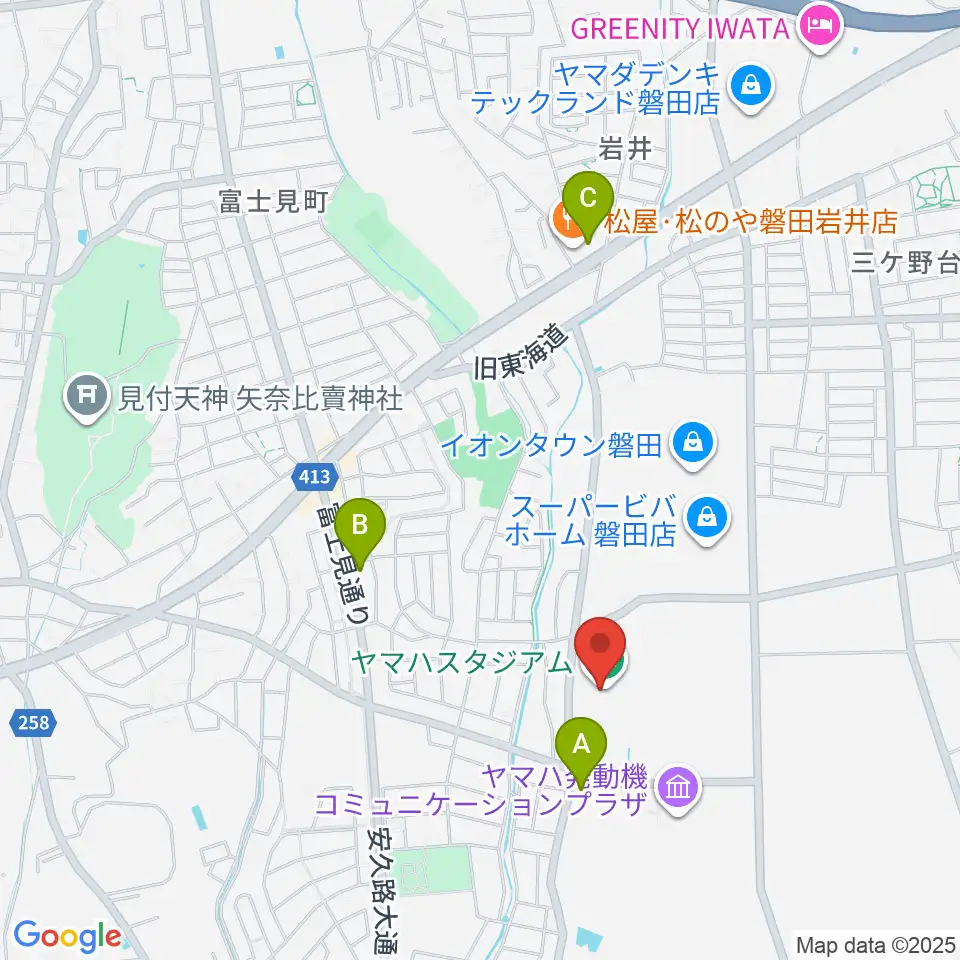 ヤマハスタジアム周辺のコンビニエンスストア一覧地図