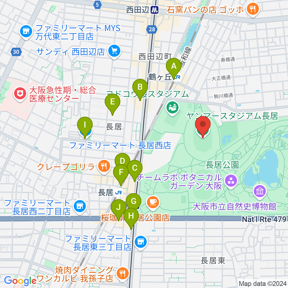 ヤンマースタジアム長居周辺のコンビニエンスストア一覧地図