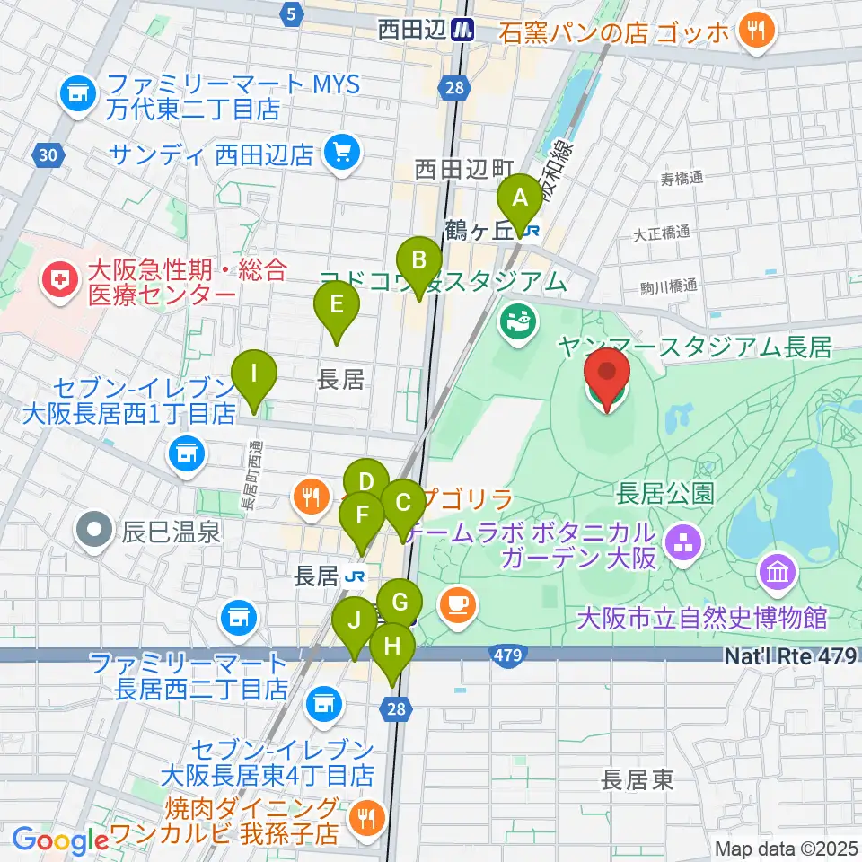 ヤンマースタジアム長居周辺のコンビニエンスストア一覧地図