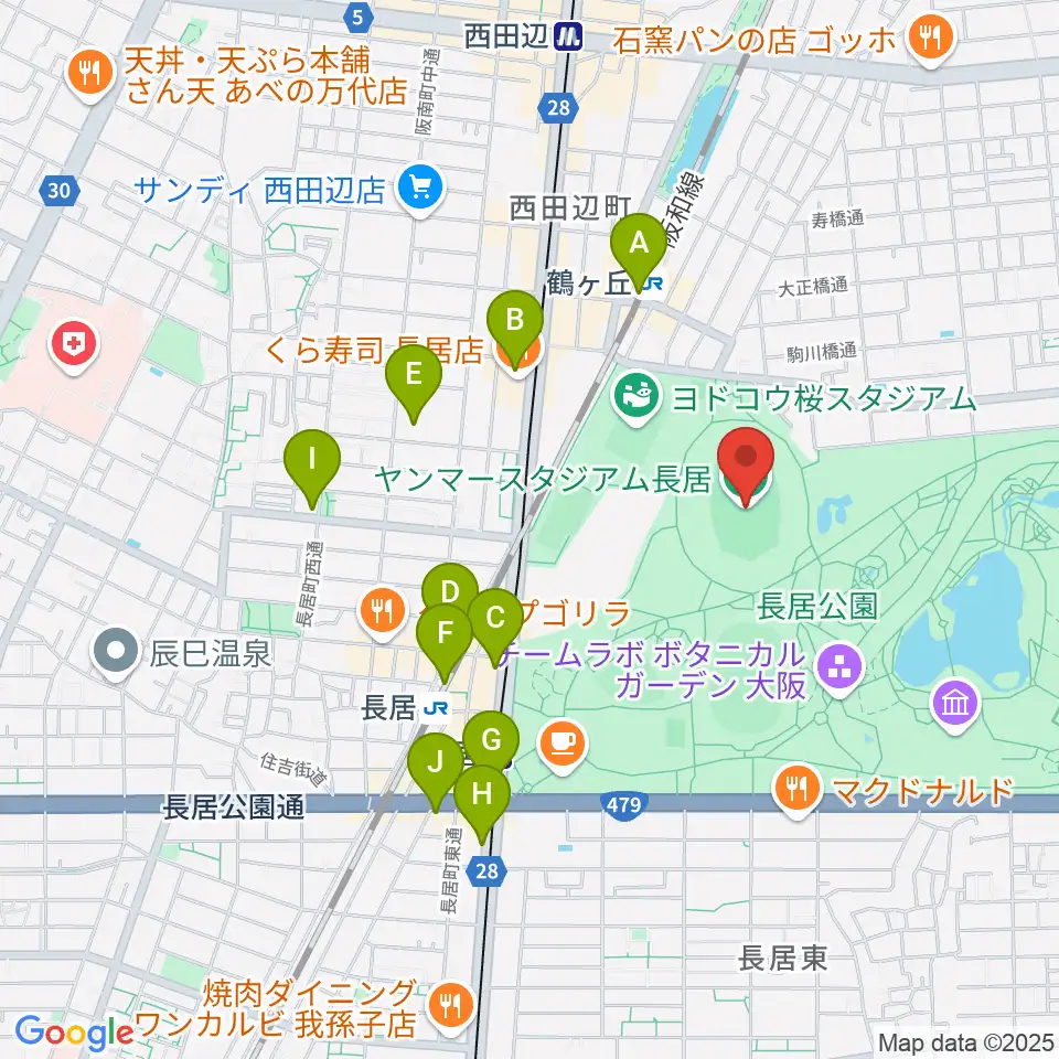 ヤンマースタジアム長居周辺のコンビニエンスストア一覧地図