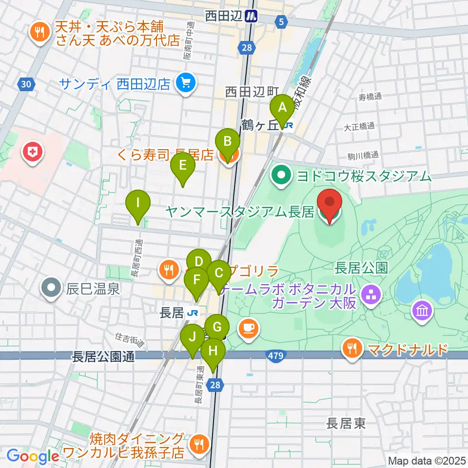 ヤンマースタジアム長居周辺のコンビニエンスストア一覧地図