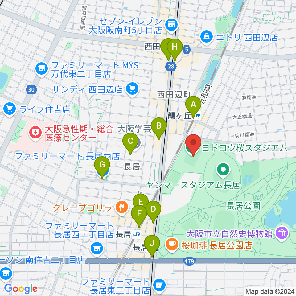 ヨドコウ桜スタジアム周辺のコンビニエンスストア一覧地図