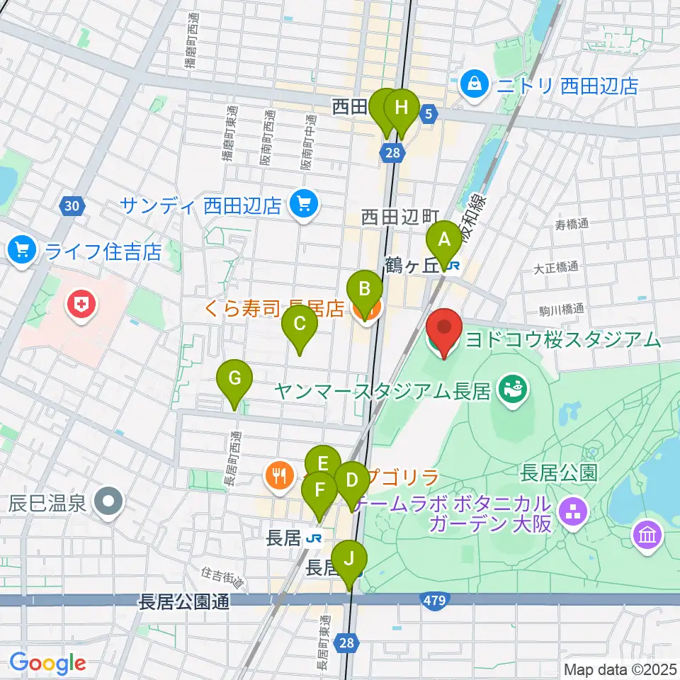 ヨドコウ桜スタジアム周辺のコンビニエンスストア一覧地図
