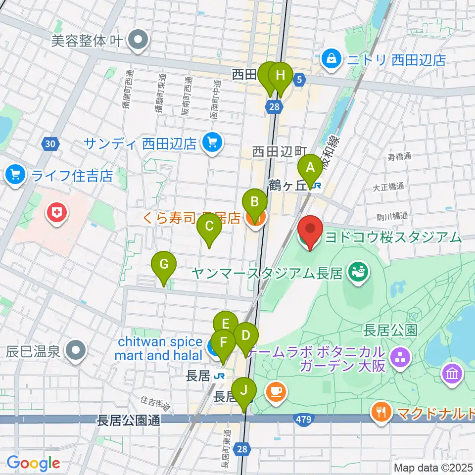 ヨドコウ桜スタジアム周辺のコンビニエンスストア一覧地図
