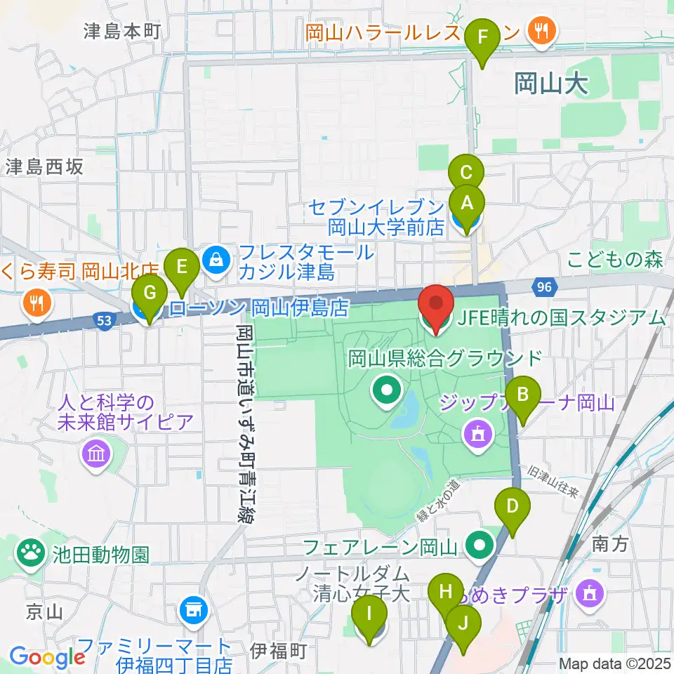 JFE晴れの国スタジアム周辺のコンビニエンスストア一覧地図