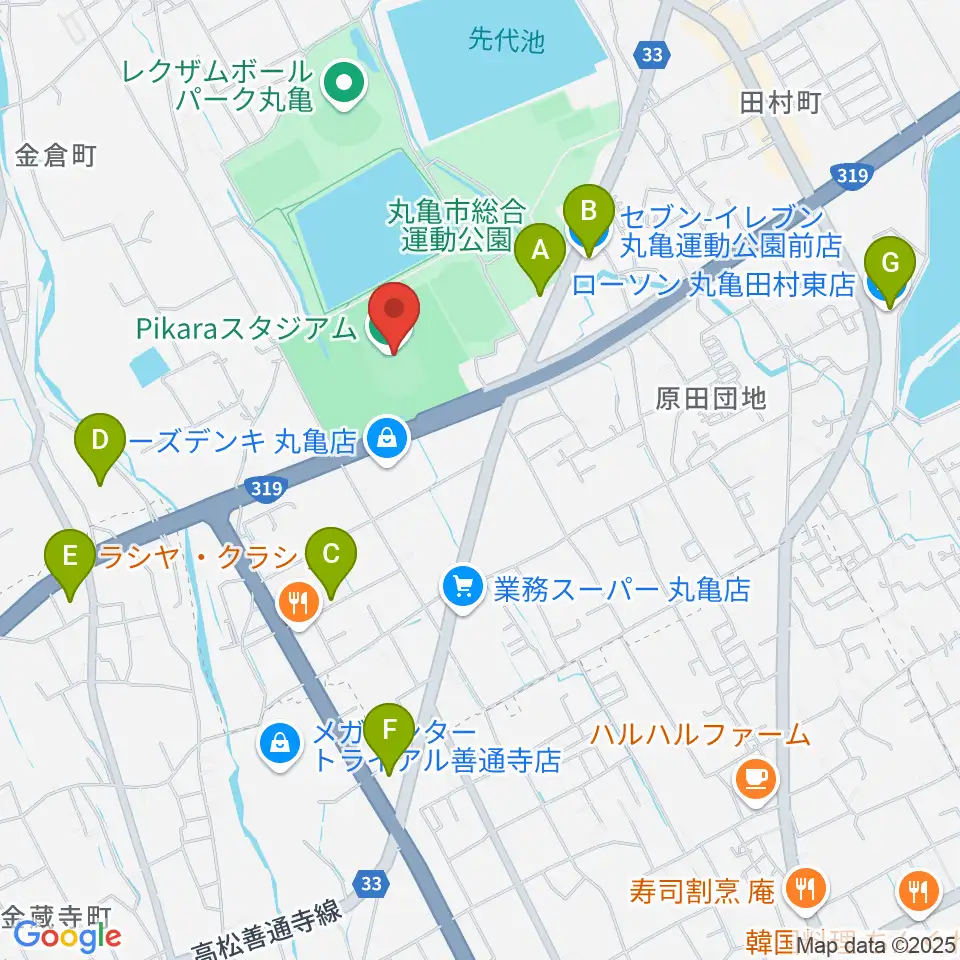 Pikaraスタジアム周辺のコンビニエンスストア一覧地図