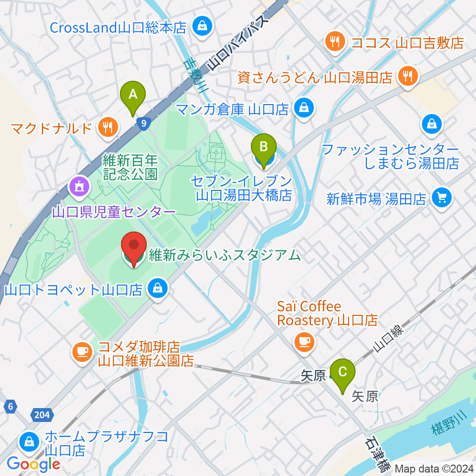 維新みらいふスタジアム周辺のコンビニエンスストア一覧地図