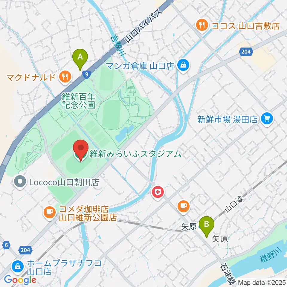 維新みらいふスタジアム周辺のコンビニエンスストア一覧地図