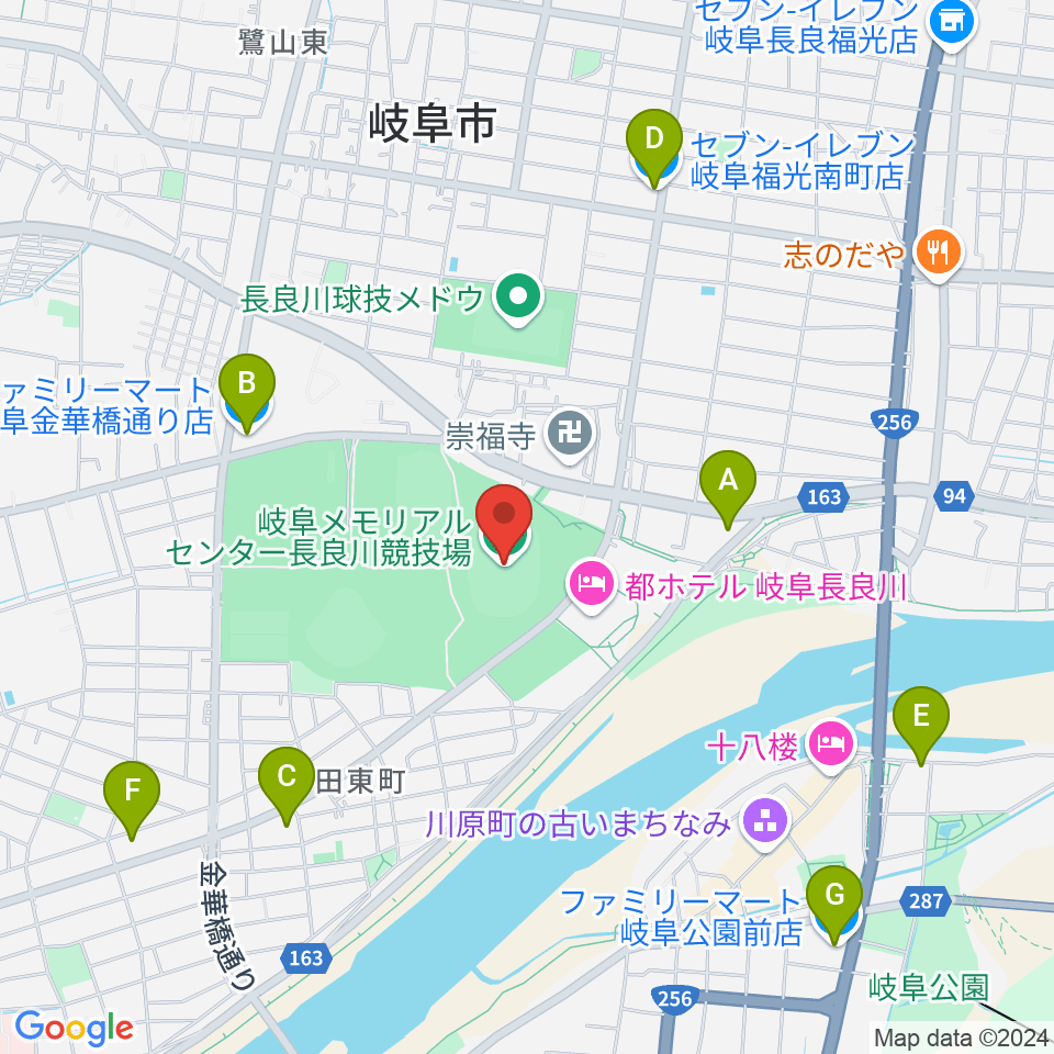 岐阜メモリアルセンター長良川競技場周辺のコンビニエンスストア一覧地図