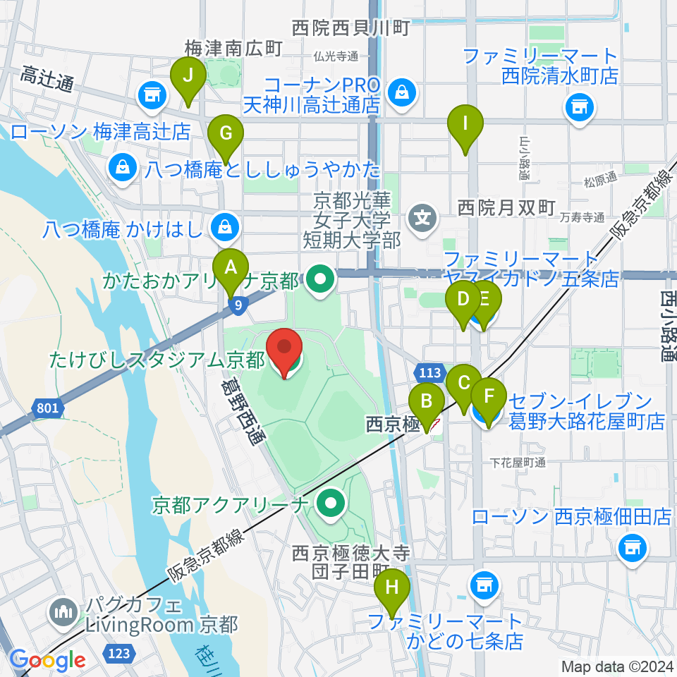 たけびしスタジアム京都周辺のコンビニエンスストア一覧地図