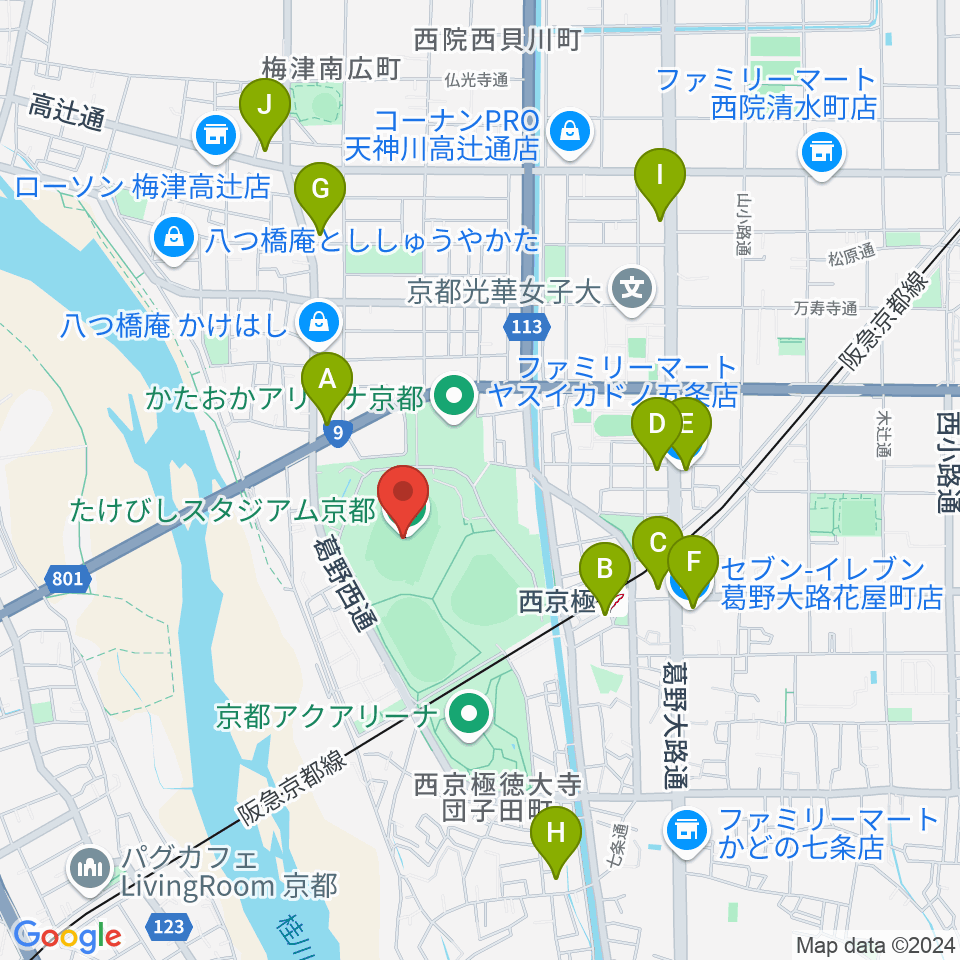 たけびしスタジアム京都周辺のコンビニエンスストア一覧地図