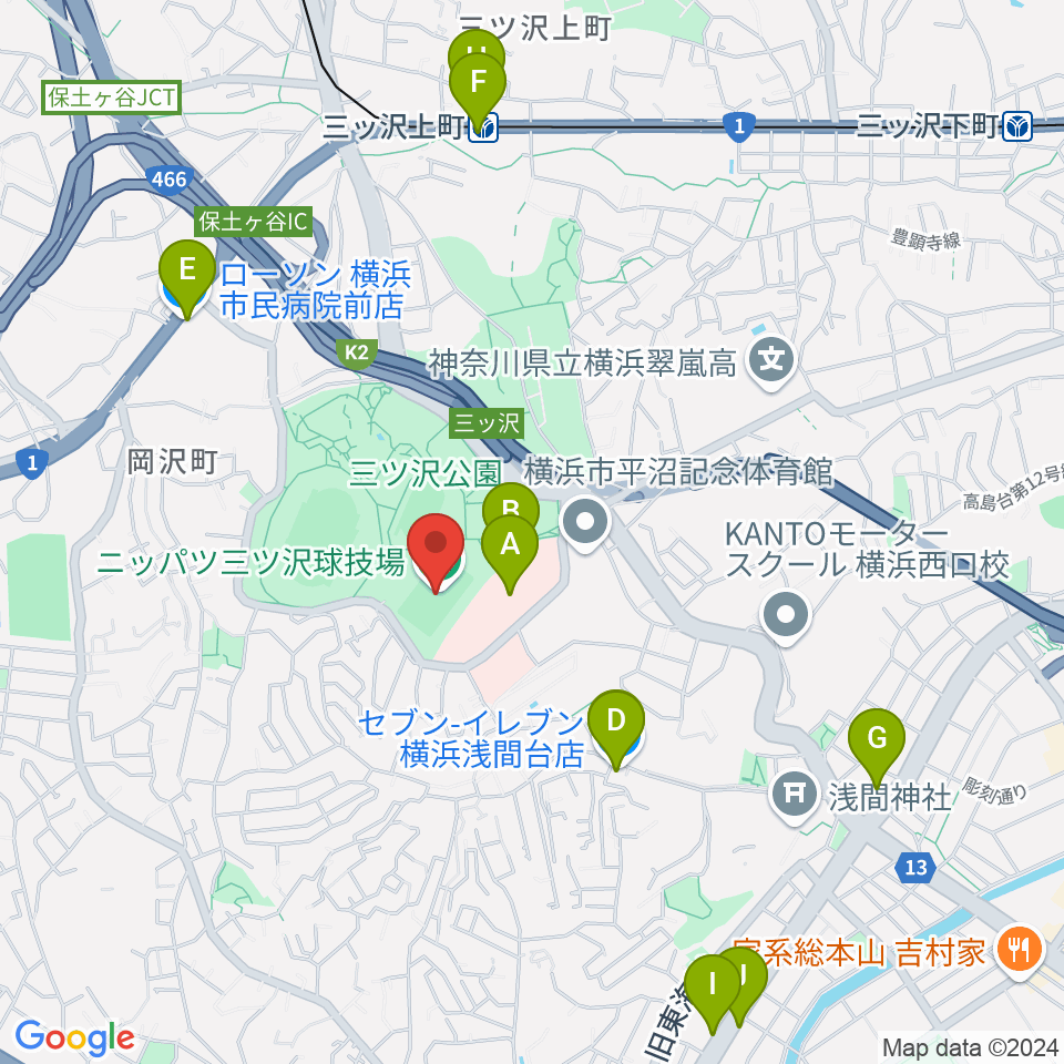 ニッパツ三ツ沢球技場周辺のコンビニエンスストア一覧地図